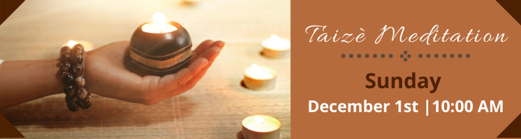 Taize Meditation web banner with a hand holding a candle