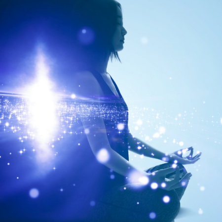 image of woman meditation blue with cosmos