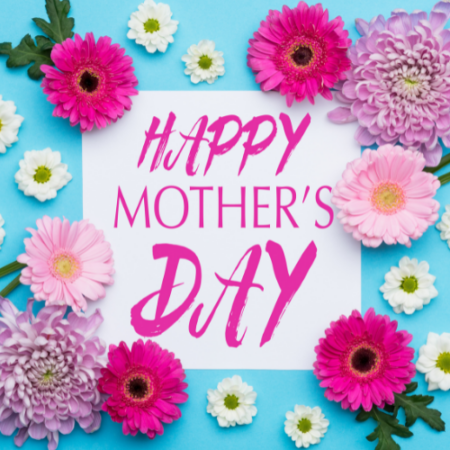 Happy Mothers Day image of a bright blue background with hot pink flowers